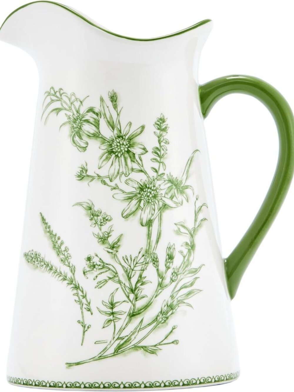 Green Garden Toile Ceramic Pitcher 2.5 Quarts | Decorative Vase for Flowers